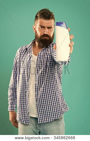 Bath Shower. Refreshing Affect. Personal Hygiene. Hair Care. Shampoo For Daily Use. Man Hold Shampoo