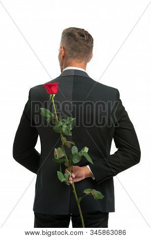 Surprise. Happy Valentines Day. Male Formal Fashion. Handsome Man Hide Rose Behind Back. Prepare Sur