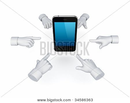 3D hand markörer runt mobiltelefon.
