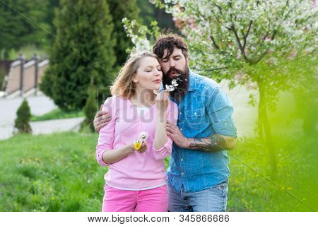 Gappy Couple In Love Outdoors. Woman And Man Enjoying Perfect Relationships And Spending Sprinf Vaca