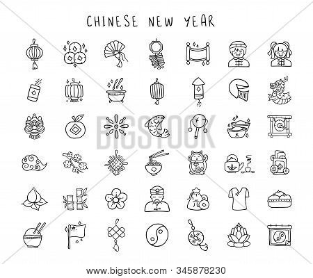 Chinese New Year Line Hand Drawn Icon Set - Black Outline Handmade Icons Or Signs On Traditional Chi