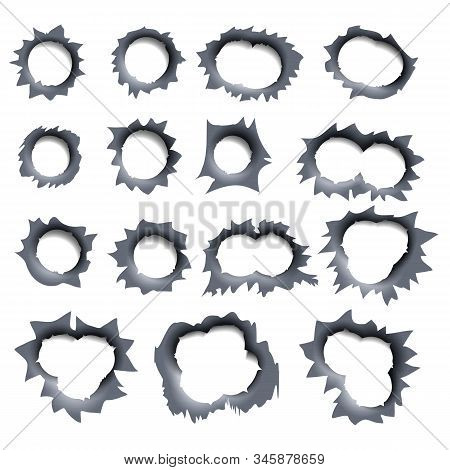 Bullet Holes With A Different Hit Numbers In A Metal Background.