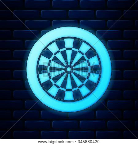 Glowing Neon Classic Darts Board With Twenty Black And White Sectors Icon Isolated On Brick Wall Bac