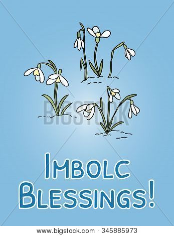 Imbolc Blessings Beginning Of Spring Pagan Holiday Postcard. Snowdrops Symbol. Vector Banner