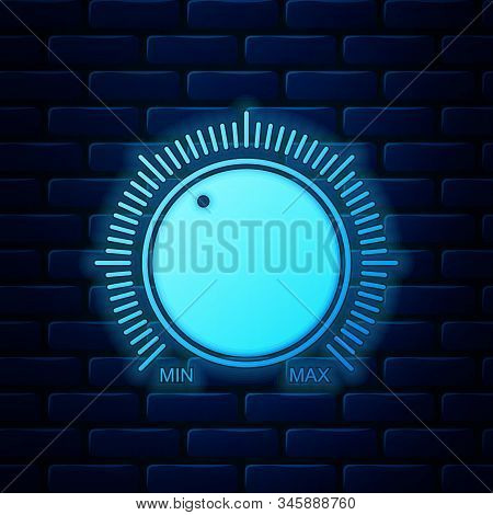 Glowing Neon Dial Knob Level Technology Settings Icon Isolated On Brick Wall Background. Volume Butt