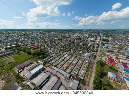 Aerial View Of Irbit City, Garages And Private Houses. Russia, Sverdlovsk Region, Summer, Sunny Day