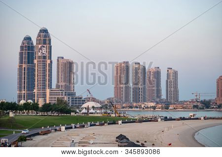 Beach Near Katara Cultural Village At Sunset. Katara Multi-purpose Hall, January 2020, Doha, Qatar.