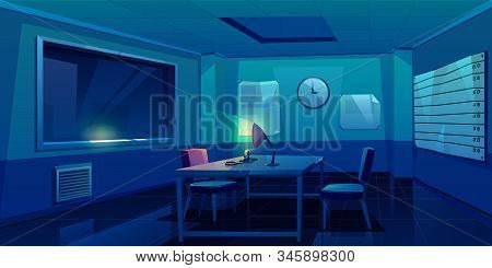 Interrogation Room In Police Station, Dark Empty Interior For Questioning Crimes With Handcuffs And 