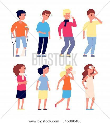 Sick Kids. Sickness Children, Illness Flu Virus Symptoms. Boys And Girls Colds And Toothache, Nausea