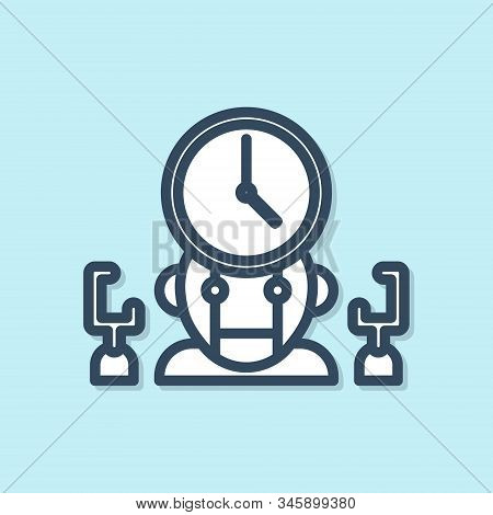 Blue Line Robot And Digital Time Manager Icon Isolated On Blue Background. Time Management Assistanc