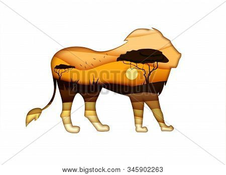 Lion Animal Silhouette Isolated On White Background. Vector Illustration Design In Paper Cut Style. 