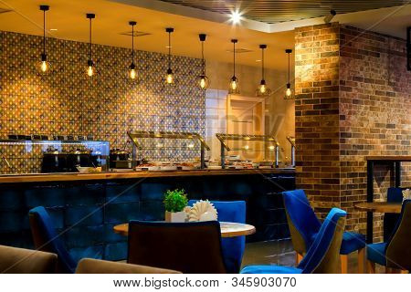 Vintage Blue Yellow Cafeteria, Canteen, Cafe, Food Court At Shopping Mall. Beautiful Unusual Public 