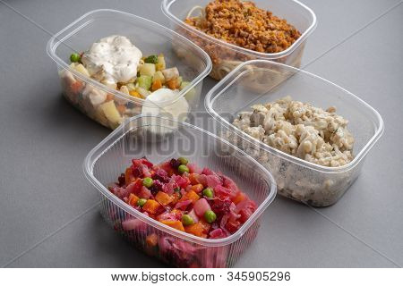 4 Lettuce In Molds For Fast Delivery. Pasta With Minced Meat And Onion In Navy-style And A Jar Of Vi