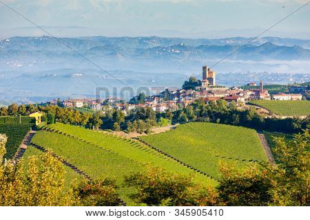 View of the village of Serralunga d`Alba and the wonderful Langa, italy