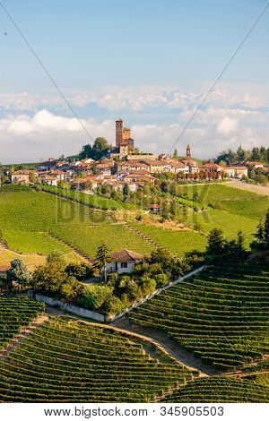 View of the village of Serralunga d`Alba and the wonderful Langa, italy
