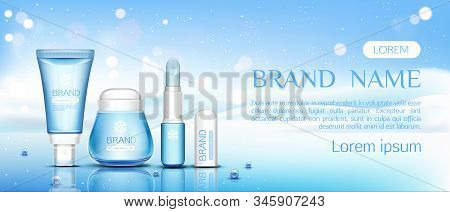 Winter Cosmetic Chapstick, Lip Balm Tubes And Cream Jar On Ice Surface With Pearls On Snow Drift Bac