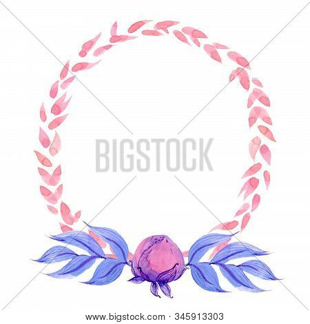 Title Frame Made Of Watercolor Leaves And Flowers On A White Background.