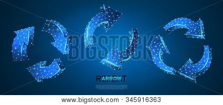 Refresh Circular Arrows Symbol Set. Low Poly, Wireframe, Digital 3d Vector Illustration. Repeat, Ref