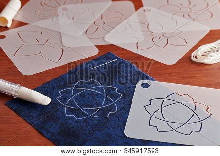 Preparing For Japanese Embroidery Sashiko. Templates, Threads, Tailor Chalk Pen With Applicator.