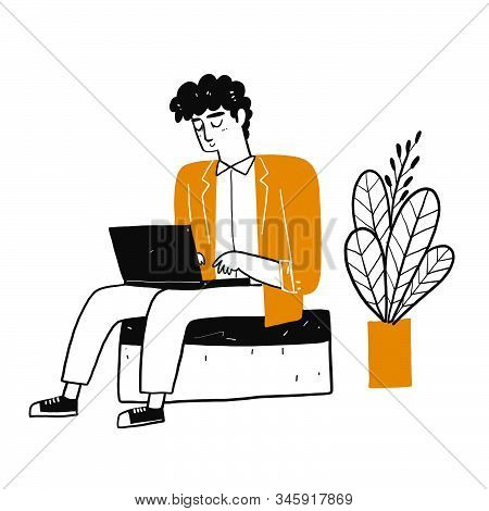 The Drawing Character A Man Use Notebook, Vector Illustration In Sketch Doodle Style.