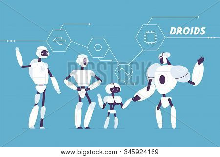 Robot Group. Various Androids Models Standing Together Crowd Of Futuristic Cyborgs Vector Concept. C