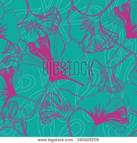 Vector Seamless Pattern Ginko Wax With Pink Ginkgo Leaves And Turquoise Background
