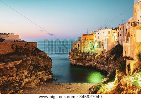 night city view of Polignano a Mare  Apulia Italy