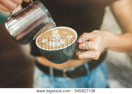 Process Of Pouring Whipped Cream To Hot Coffee Drink , Barista Work Close Up