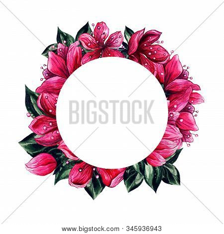 Plum Blossom Pink Flowers Frame, Watercolor Floral Decoration Borders. Japanese Plum Blossoms, Red F