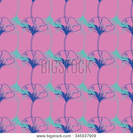 Vector Seamless Pattern Ginko Wax With Blue And Turquoise Ginkgo Leaves And Pink Background