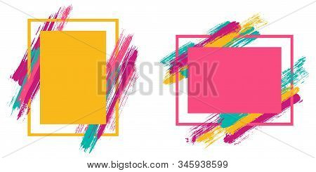 Vintage Frames With Paint Brush Strokes Vector Set. Box Borders With Painted Brushstrokes Background