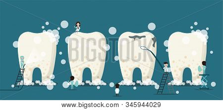 Group Of Small Dentists Are Caring For A Large Tooth. Dental Personage Vector Illustration. Illustra
