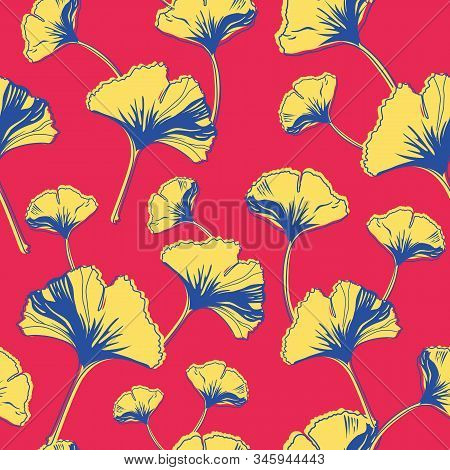 Vector Seamless Pattern Ginko Wax With Yellow, Blue Ginkgo Leaves