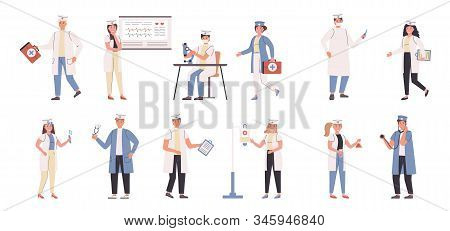 Doctors And Nurses Flat Vector Illustrations Set. Medicine, Medic Specializations, Hospital Workers.