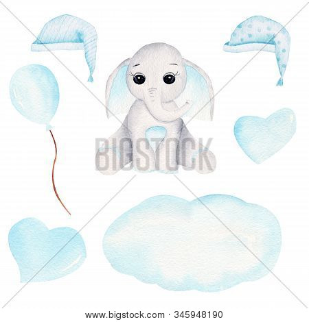 Sleepy Baby Elephant Hand Drawn Raster Illustration. Animal Boy And Balloon, Nightcaps And Clouds Wa