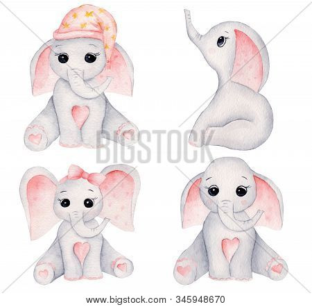 Little Elephants Hand Drawn Raster Illustrations Set. Sitting Animal Girls Watercolor Compositions P