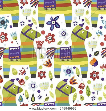 Traditional Mexican Party Symbol. Pinata Vector Flat Seamless Pattern With Flowers. Cinco De Mayo Ce