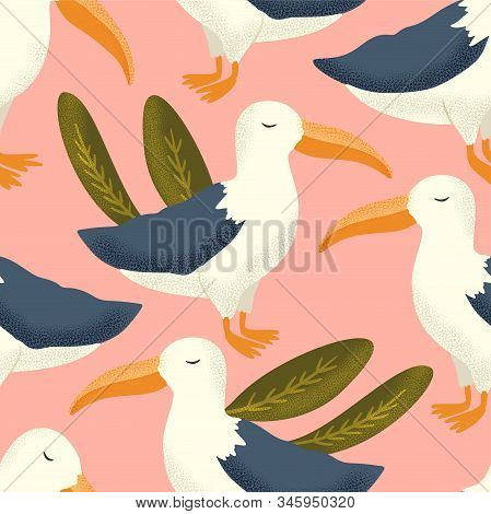 Vector Textured Albatross Animal Seamless Pattern In A Flat Style. Romantic Wild Albatros Bird Coupl