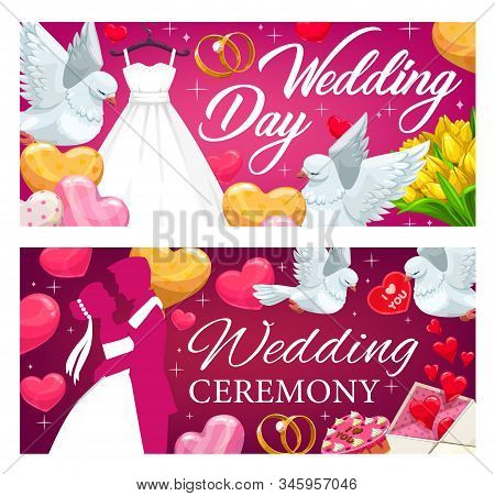 Wedding Banners With Vector Bride And Groom, Hearts, Rings And Flowers. Wedding Gifts And Cake, Brid