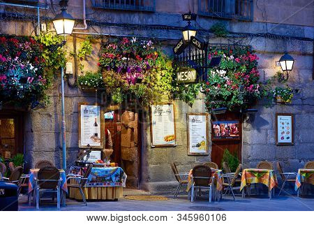 Madrid, Spain - January 10, 2020. A Typical Meson Of Madrid Downtown At Nightfall. Madrid, Spain.