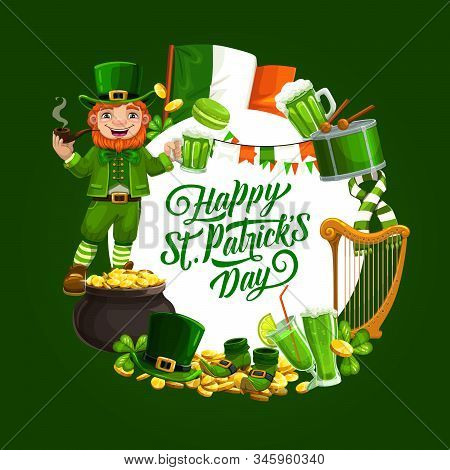 Happy Saint Patricks Day Holiday Symbols Round Frame. Vector Flag Of Ireland, Mug Of Ale Beer, Drum 