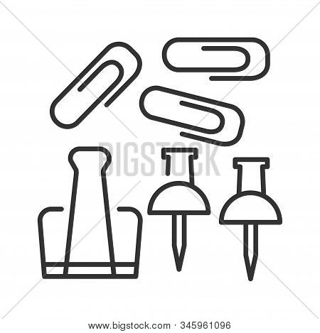 Paper Button, Clips And Staples Black Line Icon. Tems For Fasteners Notes Concept. School Supplies. 