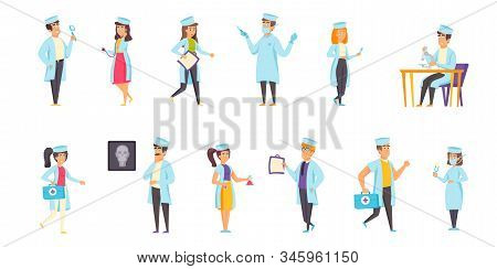 Medical Staff Flat Vector Illustrations Set. Consultation, Analysis, Examination Scenes Bundle. Clin