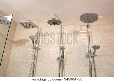 Selling Stylish And Modern Head Showers With A Water Nozzle. Sale Of New Plumbing, Close-up, Backgro