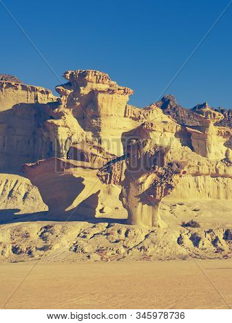 The Enchanted City Of Bolnuevo, Eroded Yellow Sandstone Formations, Murcia Spain. Tourist Attraction