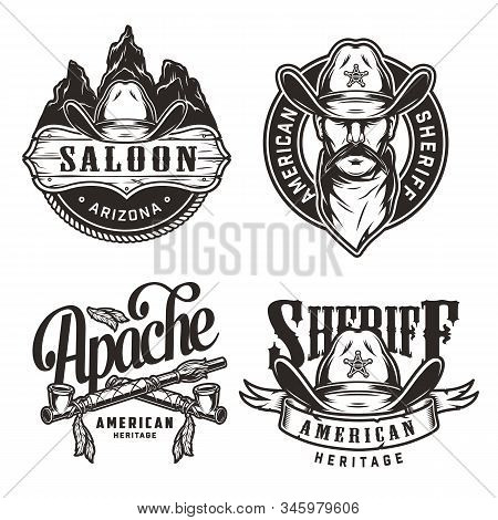 Vintage Wild West Labels Set With Cowboy And Sheriff Hats Crossed American Indian Smoking Pipes Salo