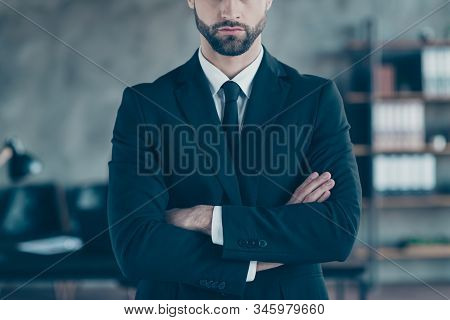 Cropped Photo Of Successful Business Guy Self-confident Person Arms Crossed Not Smiling Perfect Look