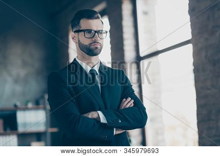 Photo Of Successful Business Guy Self-confident Strict Person Arms Crossed Watch Colleagues Working 