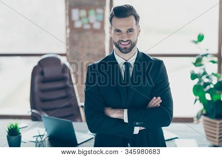 Photo Of Successful Handsome Business Guy Self-confident Hands Crossed Look Colleagues Corporate Mee