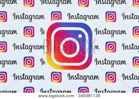 Instagram Pattern Printed On Paper With Small Instagram Logos And Inscriptions. Instagram Is America